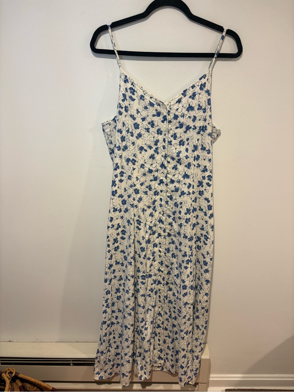 Uniqlo White Midi Skirt with Blue Floral Print and Front Buttons with Pockets!